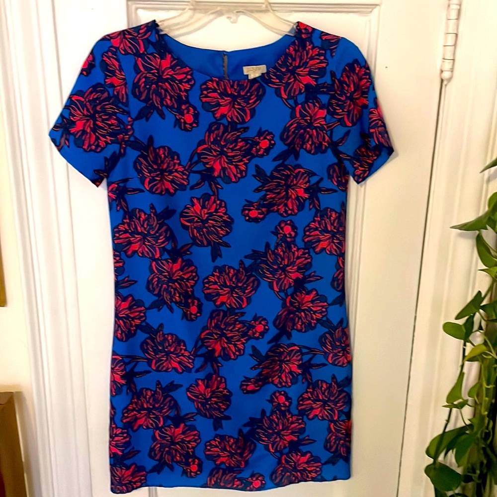 J Crew Blue and Pink Floral Short Sleeve Dress